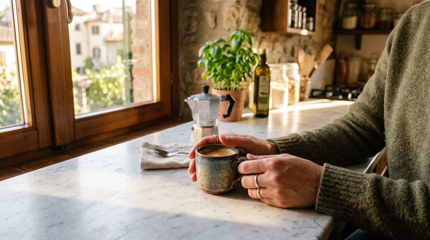 Mattina con caffè italiano, luce naturale