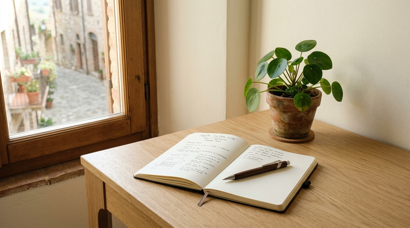 Scrivania minimalista con notebook e pianta, luce naturale